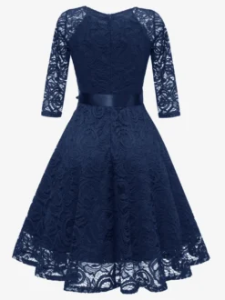 Robe trapèze vintage en dentelle pour femme - Années 1950 col en V manches 3/4 ceinture coupe midi - Invitée à un mariage de printemps 2026