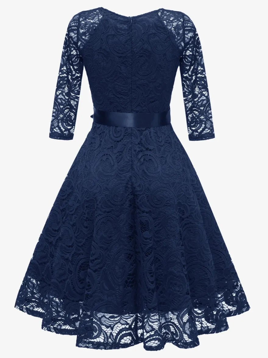 Robe trapèze vintage en dentelle pour femme - Années 1950 col en V manches 3/4 ceinture coupe midi - Invitée à un mariage de printemps 2026