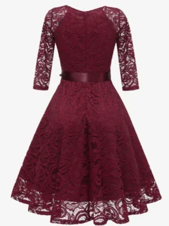 Robe trapèze vintage en dentelle pour femme - Années 1950 col en V manches 3/4 ceinture coupe midi - Invitée à un mariage de printemps 2026