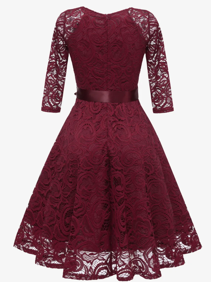Robe trapèze vintage en dentelle pour femme - Années 1950 col en V manches 3/4 ceinture coupe midi - Invitée à un mariage de printemps 2026