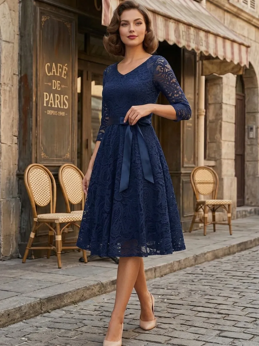Robe trapèze vintage en dentelle pour femme - Années 1950 col en V manches 3/4 ceinture coupe midi - Invitée à un mariage de printemps 2026