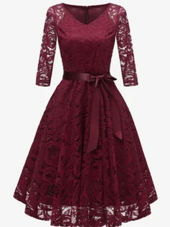 Robe trapèze vintage en dentelle pour femme - Années 1950 col en V manches 3/4 ceinture coupe midi - Invitée à un mariage de printemps 2026