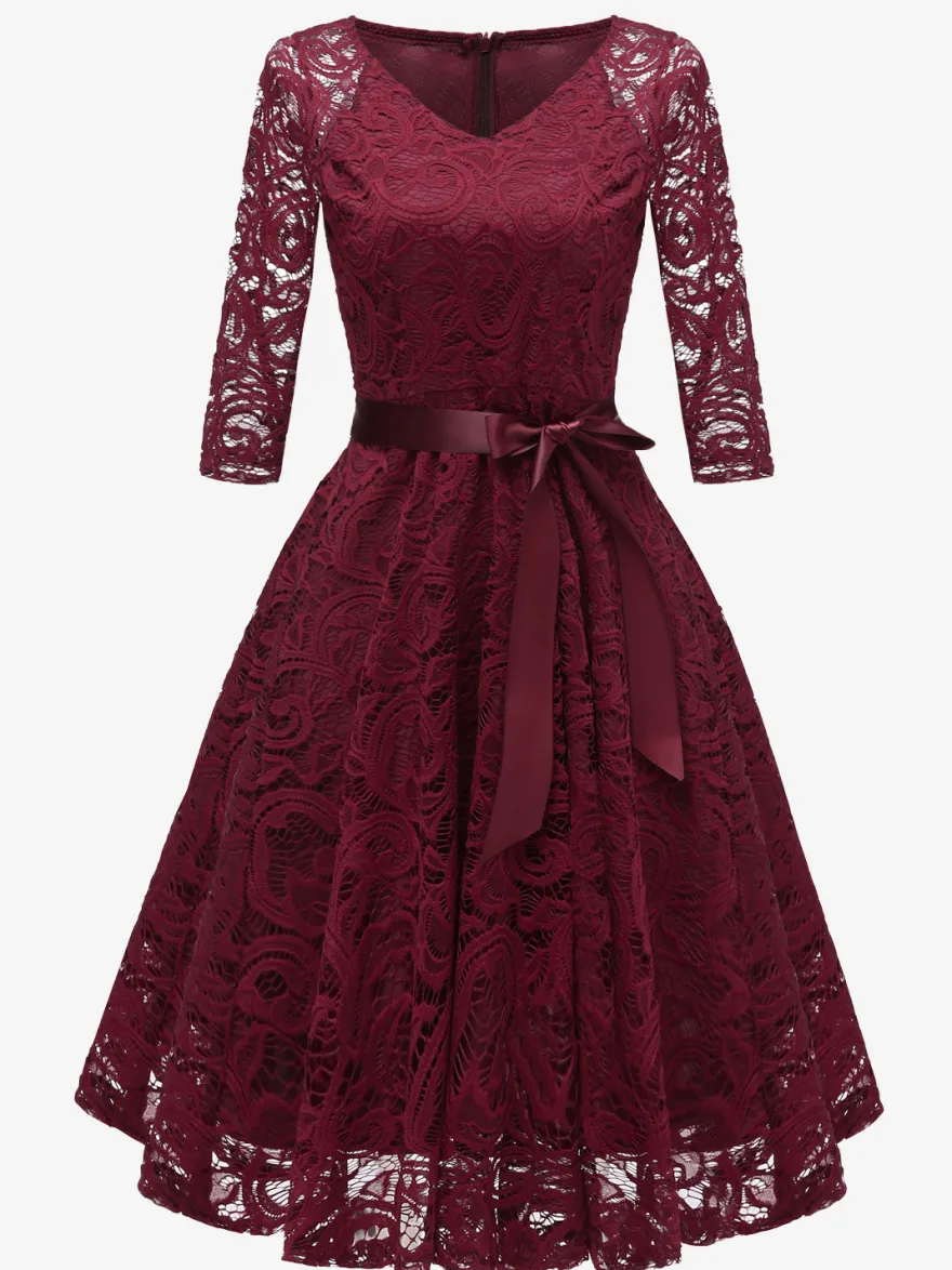 Robe trapèze vintage en dentelle pour femme - Années 1950 col en V manches 3/4 ceinture coupe midi - Invitée à un mariage de printemps 2026