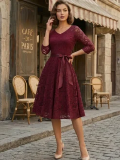 Robe trapèze vintage en dentelle pour femme - Années 1950 col en V manches 3/4 ceinture coupe midi - Invitée à un mariage de printemps 2026