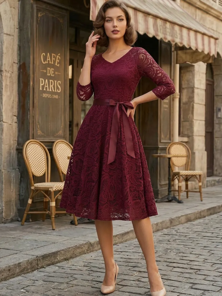 Robe trapèze vintage en dentelle pour femme - Années 1950 col en V manches 3/4 ceinture coupe midi - Invitée à un mariage de printemps 2026