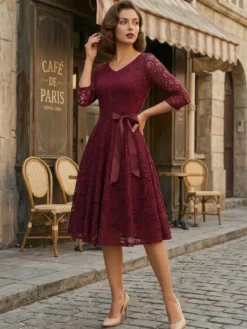 Robe trapèze vintage en dentelle pour femme - Années 1950 col en V manches 3/4 ceinture coupe midi - Invitée à un mariage de printemps 2026