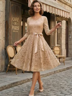 Robe trapèze vintage en dentelle pour femme - Années 1950 col en V manches 3/4 ceinture coupe midi - Invitée à un mariage de printemps 2026