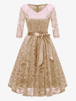 Robe trapèze vintage en dentelle pour femme - Années 1950 col en V manches 3/4 ceinture coupe midi - Invitée à un mariage de printemps 2026