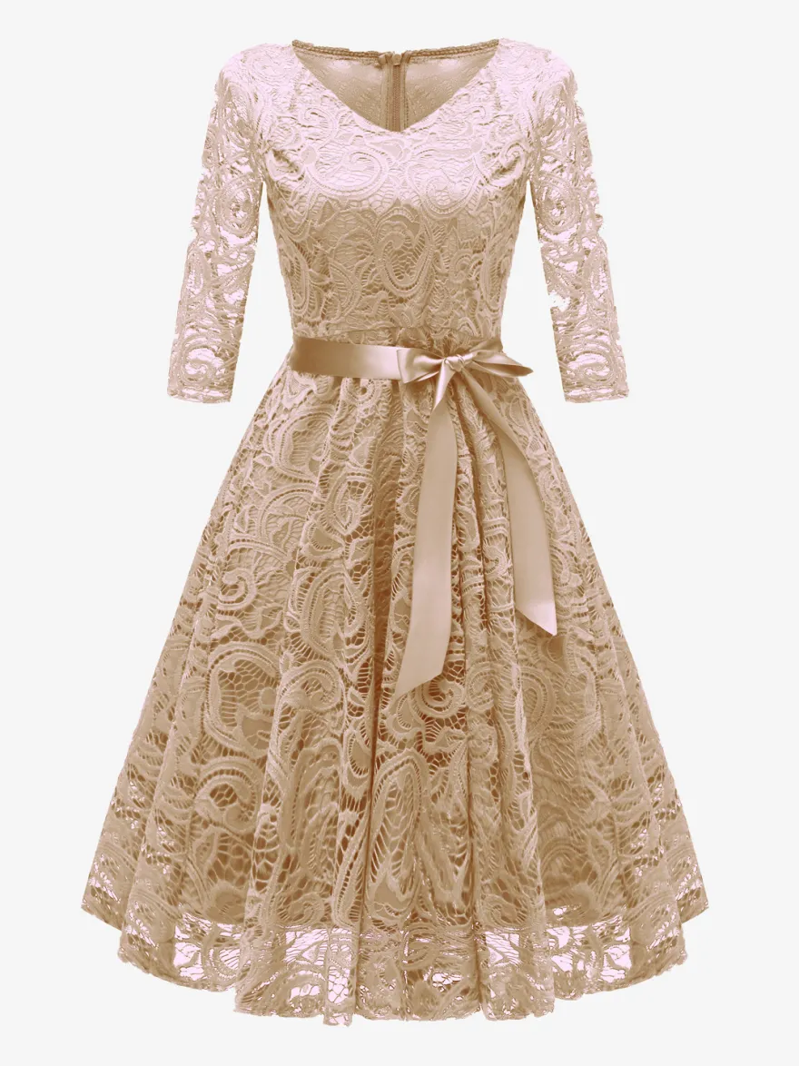 Robe trapèze vintage en dentelle pour femme - Années 1950 col en V manches 3/4 ceinture coupe midi - Invitée à un mariage de printemps 2026