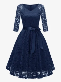 Robe trapèze vintage en dentelle pour femme - Années 1950 col en V manches 3/4 ceinture coupe midi - Invitée à un mariage de printemps 2026