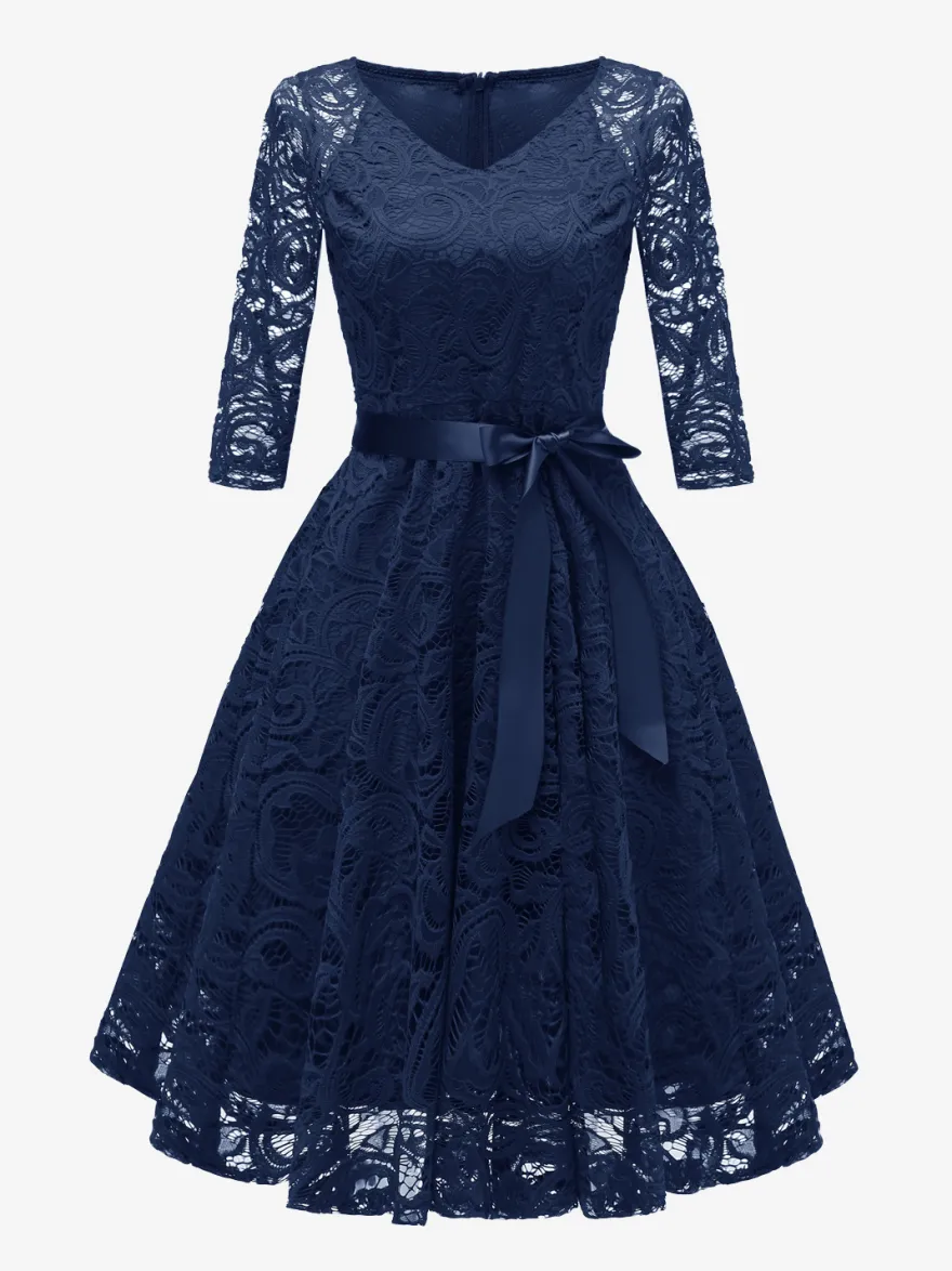 Robe trapèze vintage en dentelle pour femme - Années 1950 col en V manches 3/4 ceinture coupe midi - Invitée à un mariage de printemps 2026