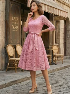Robe trapèze vintage en dentelle pour femme - Années 1950 col en V manches 3/4 ceinture coupe midi - Invitée à un mariage de printemps 2026