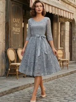 Robe trapèze vintage en dentelle pour femme - Années 1950 col en V manches 3/4 ceinture coupe midi - Invitée à un mariage de printemps 2026