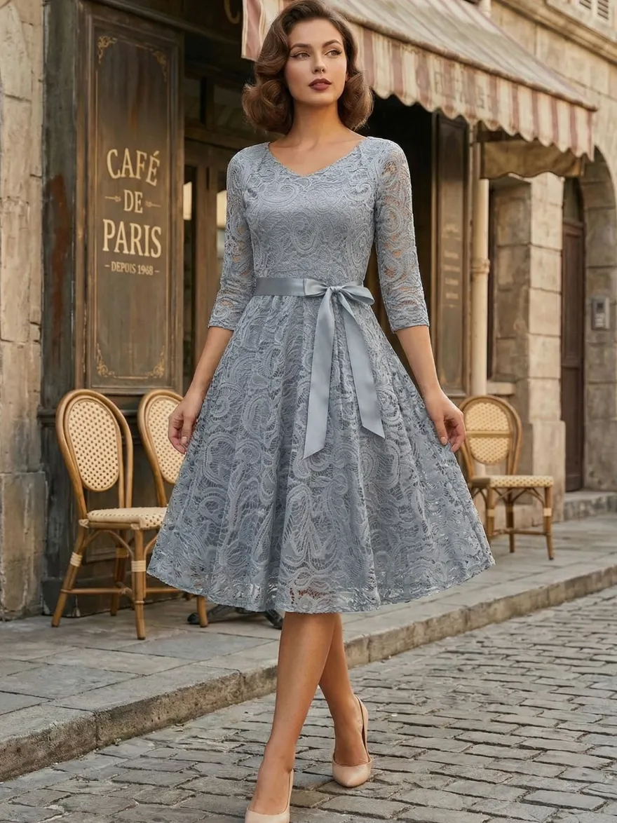 Robe trapèze vintage en dentelle pour femme - Années 1950 col en V manches 3/4 ceinture coupe midi - Invitée à un mariage de printemps 2026