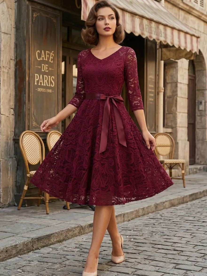 Robe trapèze vintage en dentelle pour femme - Années 1950 col en V manches 3/4 ceinture coupe midi - Invitée à un mariage de printemps 2026
