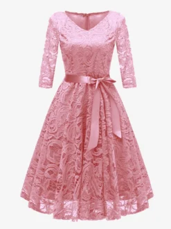 Robe trapèze vintage en dentelle pour femme - Années 1950 col en V manches 3/4 ceinture coupe midi - Invitée à un mariage de printemps 2026