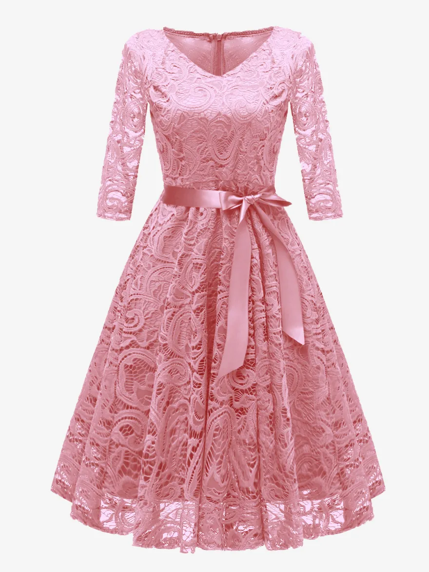 Robe trapèze vintage en dentelle pour femme - Années 1950 col en V manches 3/4 ceinture coupe midi - Invitée à un mariage de printemps 2026