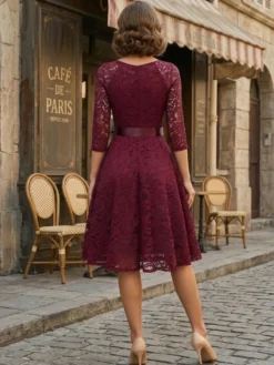 Robe trapèze vintage en dentelle pour femme - Années 1950 col en V manches 3/4 ceinture coupe midi - Invitée à un mariage de printemps 2026