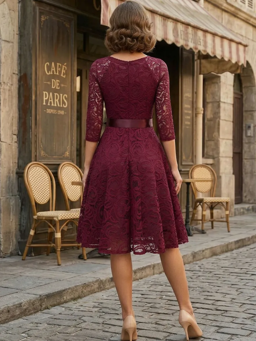 Robe trapèze vintage en dentelle pour femme - Années 1950 col en V manches 3/4 ceinture coupe midi - Invitée à un mariage de printemps 2026