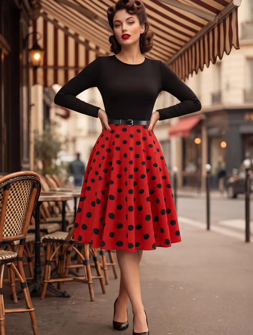 Robe trapèze vintage à pois pour femme - Robe midi trapèze à manches longues et ceinture style rockabilly années 50 - Tenue rétro printemps 2026