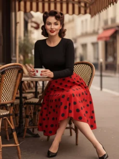 Robe trapèze vintage à pois pour femme - Robe midi trapèze à manches longues et ceinture style rockabilly années 50 - Tenue rétro printemps 2026