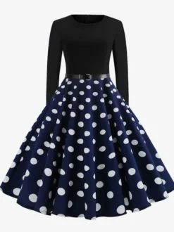 Robe trapèze vintage à pois pour femme - Robe midi trapèze à manches longues et ceinture style rockabilly années 50 - Tenue rétro printemps 2026