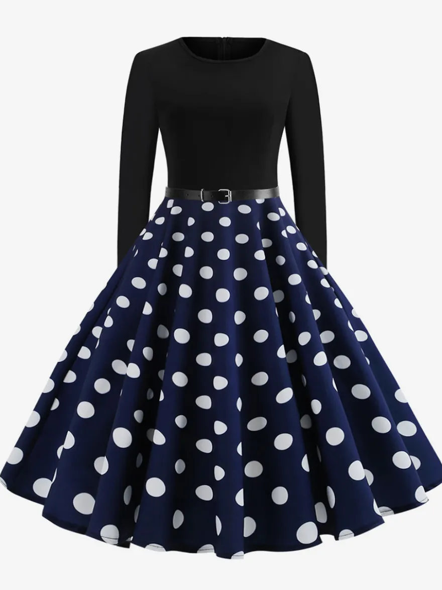 Robe trapèze vintage à pois pour femme - Robe midi trapèze à manches longues et ceinture style rockabilly années 50 - Tenue rétro printemps 2026