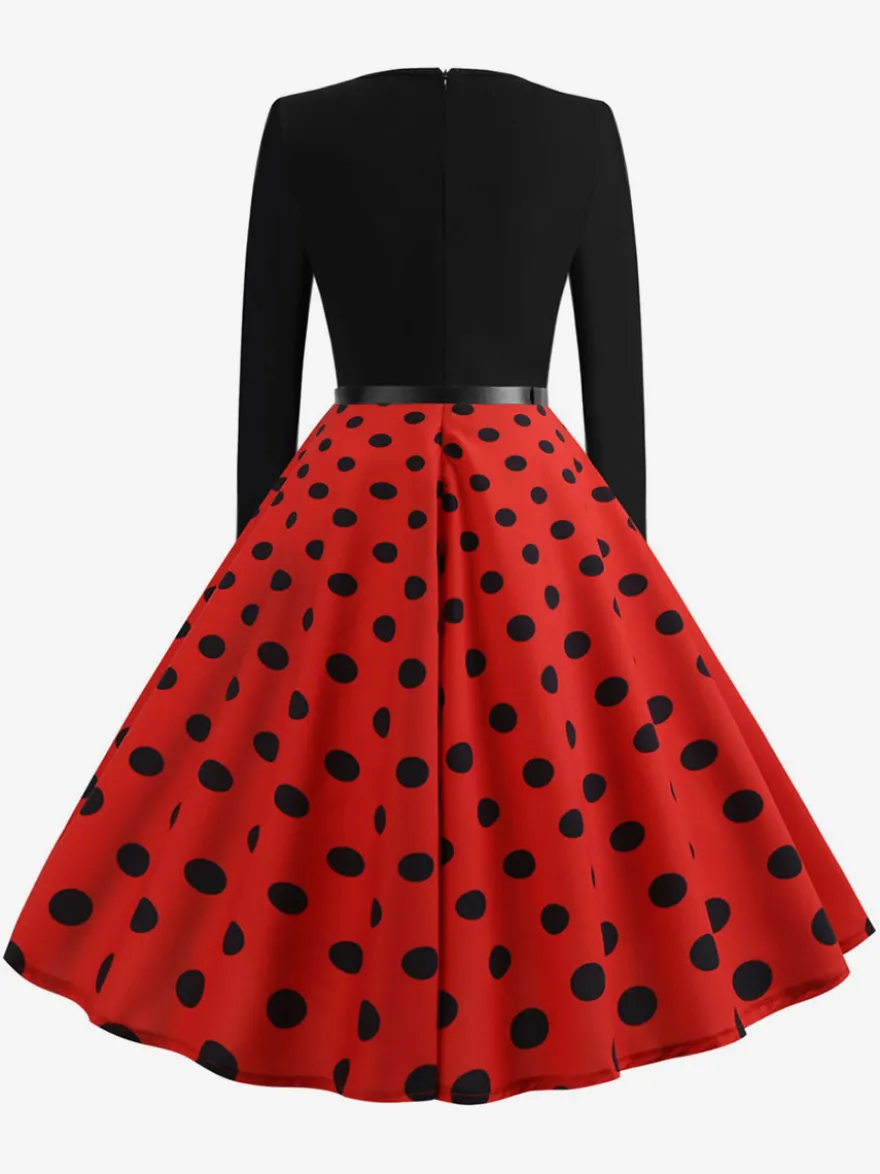 Robe trapèze vintage à pois pour femme - Robe midi trapèze à manches longues et ceinture style rockabilly années 50 - Tenue rétro printemps 2026