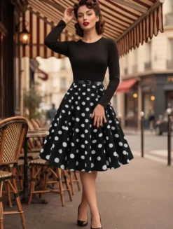 Robe trapèze vintage à pois pour femme - Robe midi trapèze à manches longues et ceinture style rockabilly années 50 - Tenue rétro printemps 2026