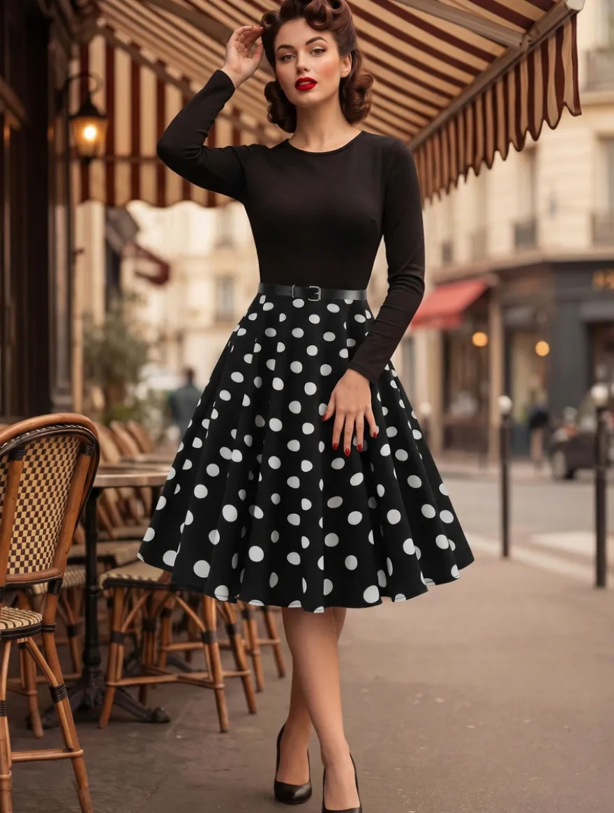 Robe trapèze vintage à pois pour femme - Robe midi trapèze à manches longues et ceinture style rockabilly années 50 - Tenue rétro printemps 2026