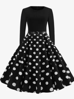 Robe trapèze vintage à pois pour femme - Robe midi trapèze à manches longues et ceinture style rockabilly années 50 - Tenue rétro printemps 2026
