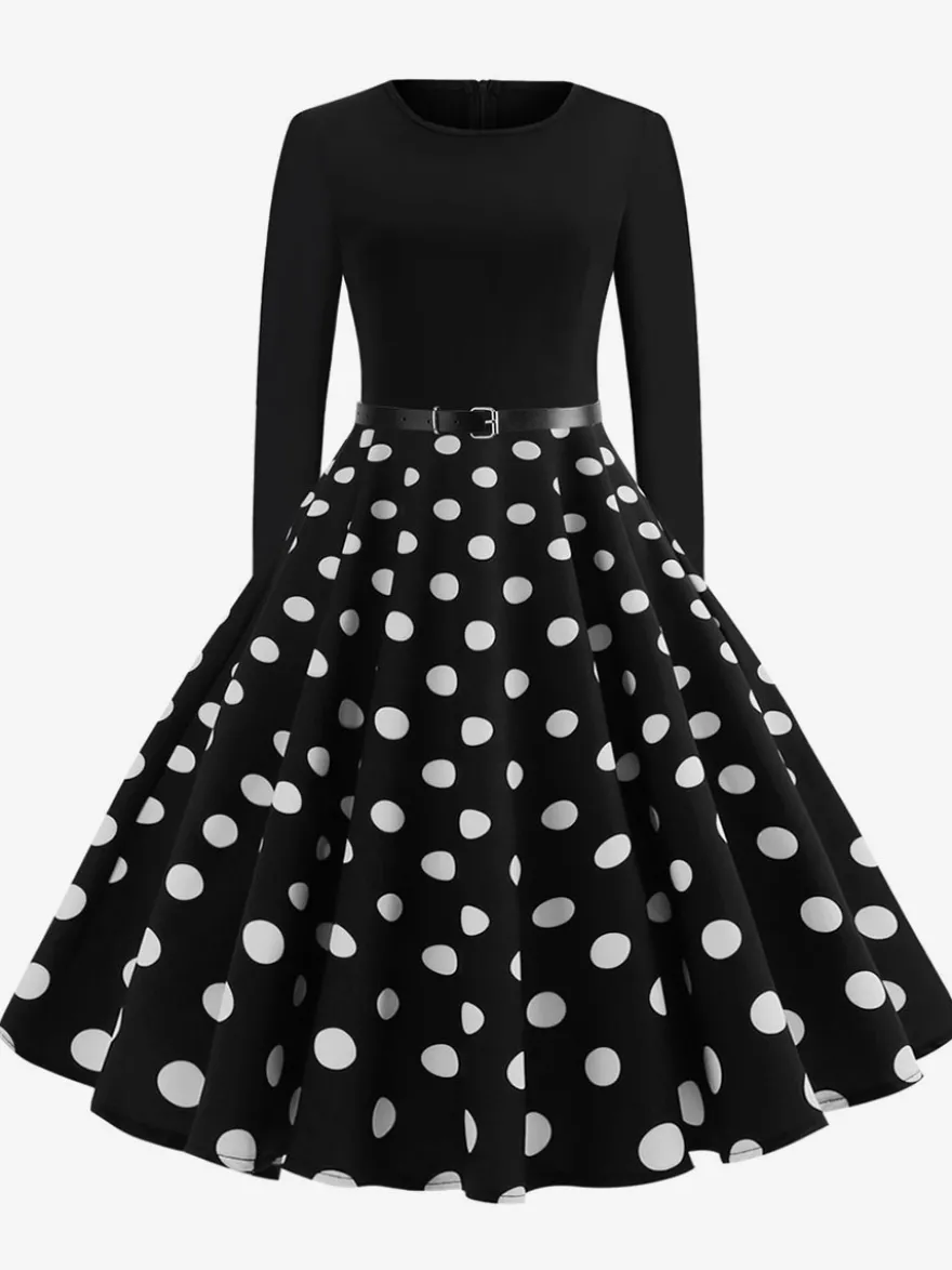 Robe trapèze vintage à pois pour femme - Robe midi trapèze à manches longues et ceinture style rockabilly années 50 - Tenue rétro printemps 2026