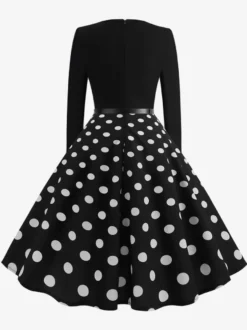 Robe trapèze vintage à pois pour femme - Robe midi trapèze à manches longues et ceinture style rockabilly années 50 - Tenue rétro printemps 2026