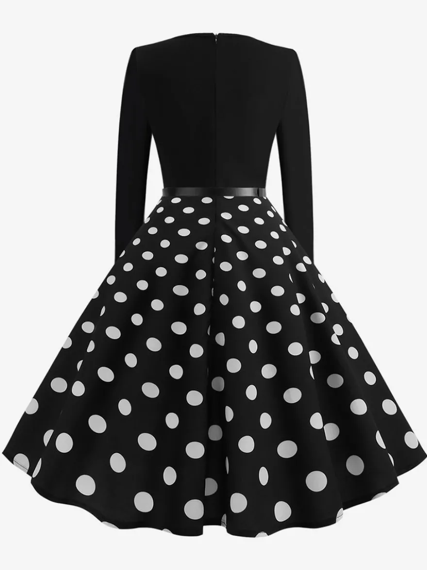 Robe trapèze vintage à pois pour femme - Robe midi trapèze à manches longues et ceinture style rockabilly années 50 - Tenue rétro printemps 2026