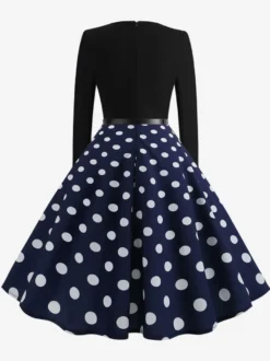Robe trapèze vintage à pois pour femme - Robe midi trapèze à manches longues et ceinture style rockabilly années 50 - Tenue rétro printemps 2026