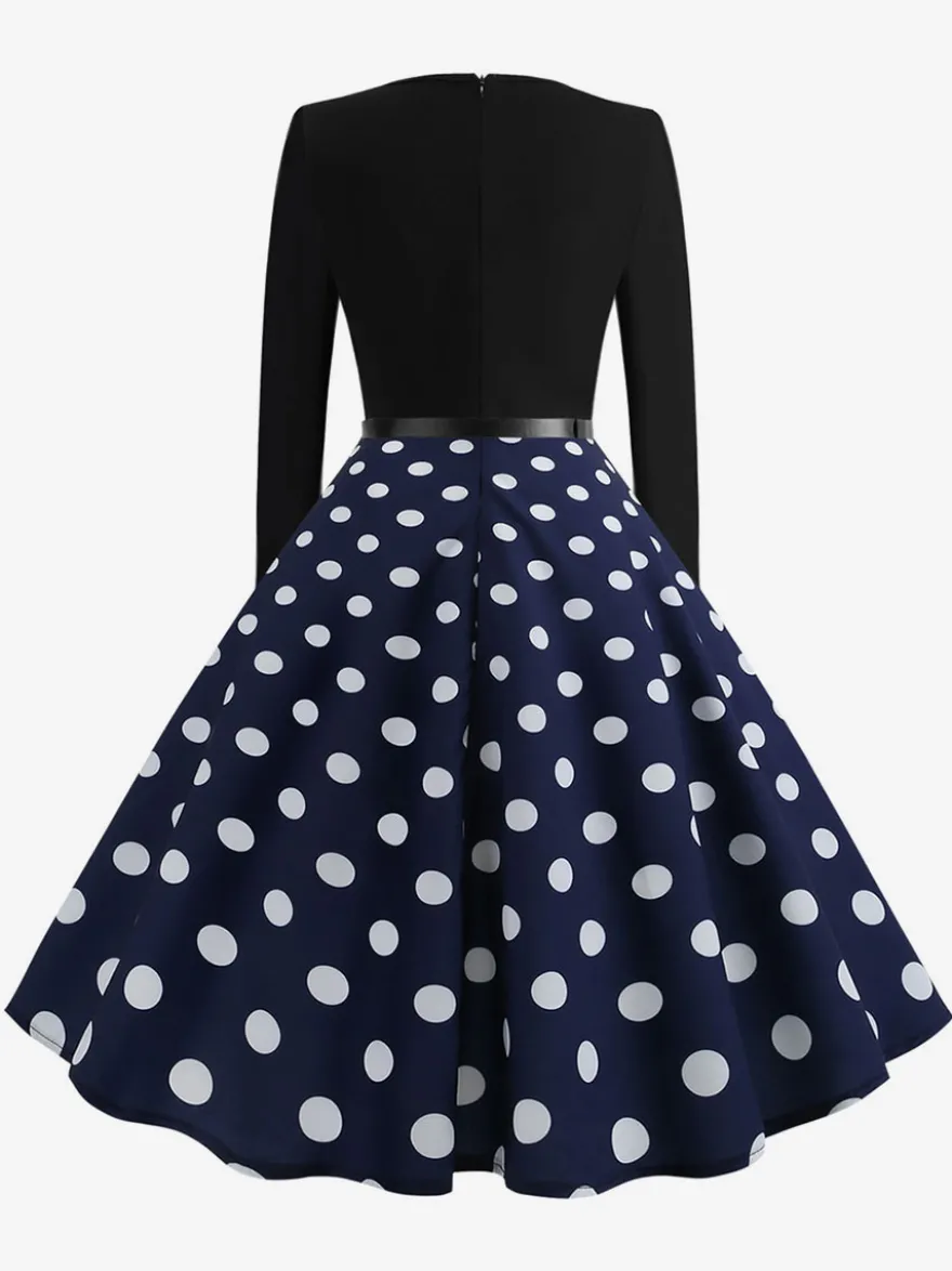 Robe trapèze vintage à pois pour femme - Robe midi trapèze à manches longues et ceinture style rockabilly années 50 - Tenue rétro printemps 2026