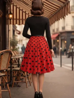 Robe trapèze vintage à pois pour femme - Robe midi trapèze à manches longues et ceinture style rockabilly années 50 - Tenue rétro printemps 2026