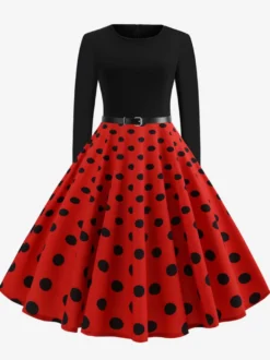Robe trapèze vintage à pois pour femme - Robe midi trapèze à manches longues et ceinture style rockabilly années 50 - Tenue rétro printemps 2026