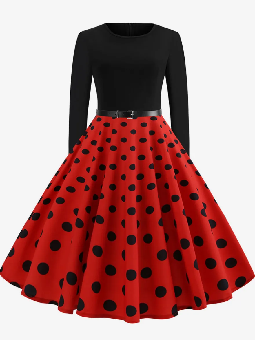 Robe trapèze vintage à pois pour femme - Robe midi trapèze à manches longues et ceinture style rockabilly années 50 - Tenue rétro printemps 2026