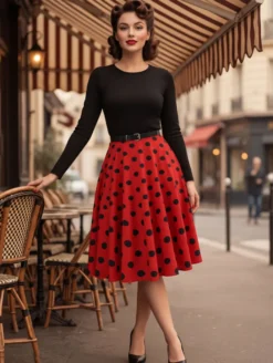 Robe trapèze vintage à pois pour femme - Robe midi trapèze à manches longues et ceinture style rockabilly années 50 - Tenue rétro printemps 2026