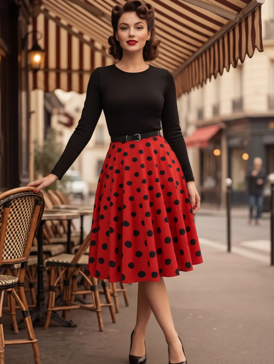 Robe trapèze vintage à pois pour femme - Robe midi trapèze à manches longues et ceinture style rockabilly années 50 - Tenue rétro printemps 2026