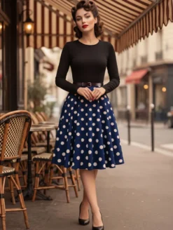 Robe trapèze vintage à pois pour femme - Robe midi trapèze à manches longues et ceinture style rockabilly années 50 - Tenue rétro printemps 2026