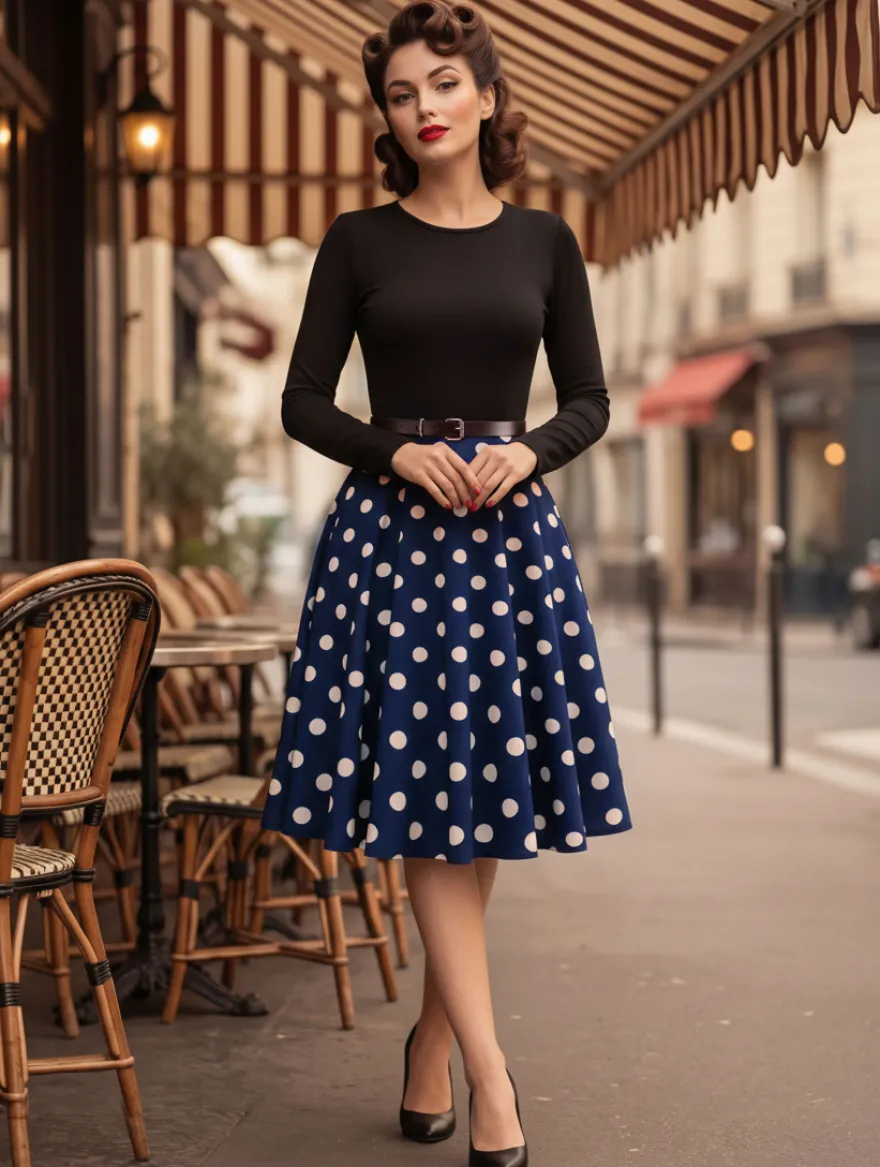 Robe trapèze vintage à pois pour femme - Robe midi trapèze à manches longues et ceinture style rockabilly années 50 - Tenue rétro printemps 2026