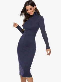 Robe tricotée pour femme en polyester confortable à manches longues et col haut