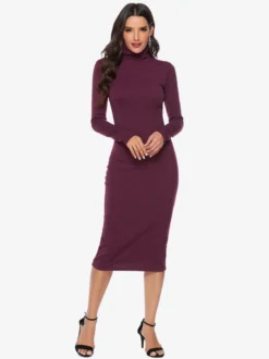 Robe tricotée pour femme en polyester confortable à manches longues et col haut