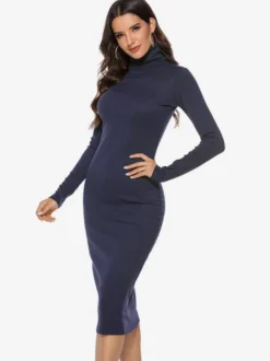 Robe tricotée pour femme en polyester confortable à manches longues et col haut