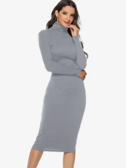 Robe tricotée pour femme en polyester confortable à manches longues et col haut