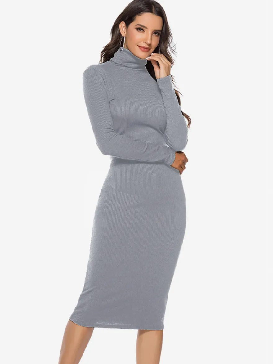 Robe tricotée pour femme en polyester confortable à manches longues et col haut