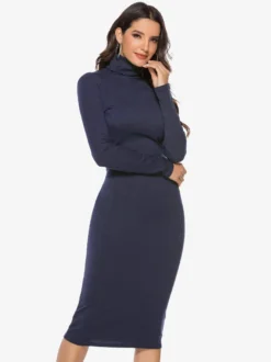 Robe tricotée pour femme en polyester confortable à manches longues et col haut
