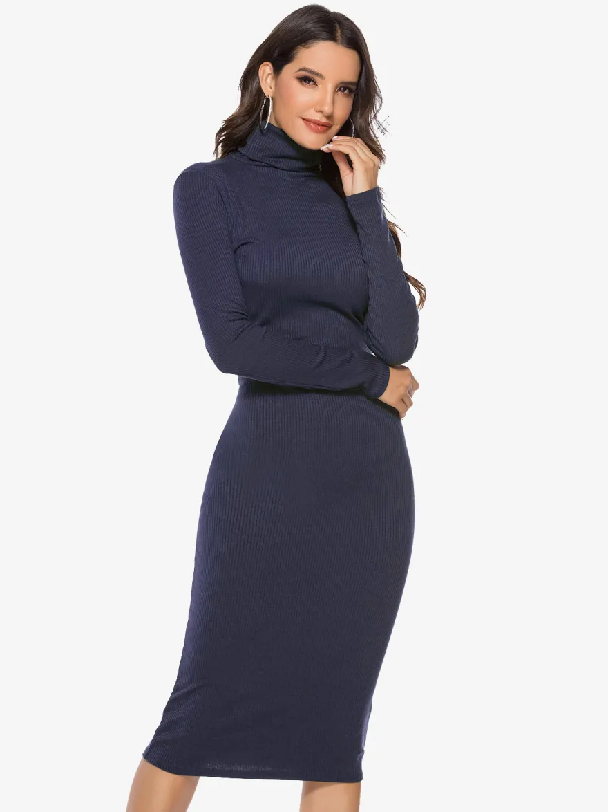 Robe tricotée pour femme en polyester confortable à manches longues et col haut
